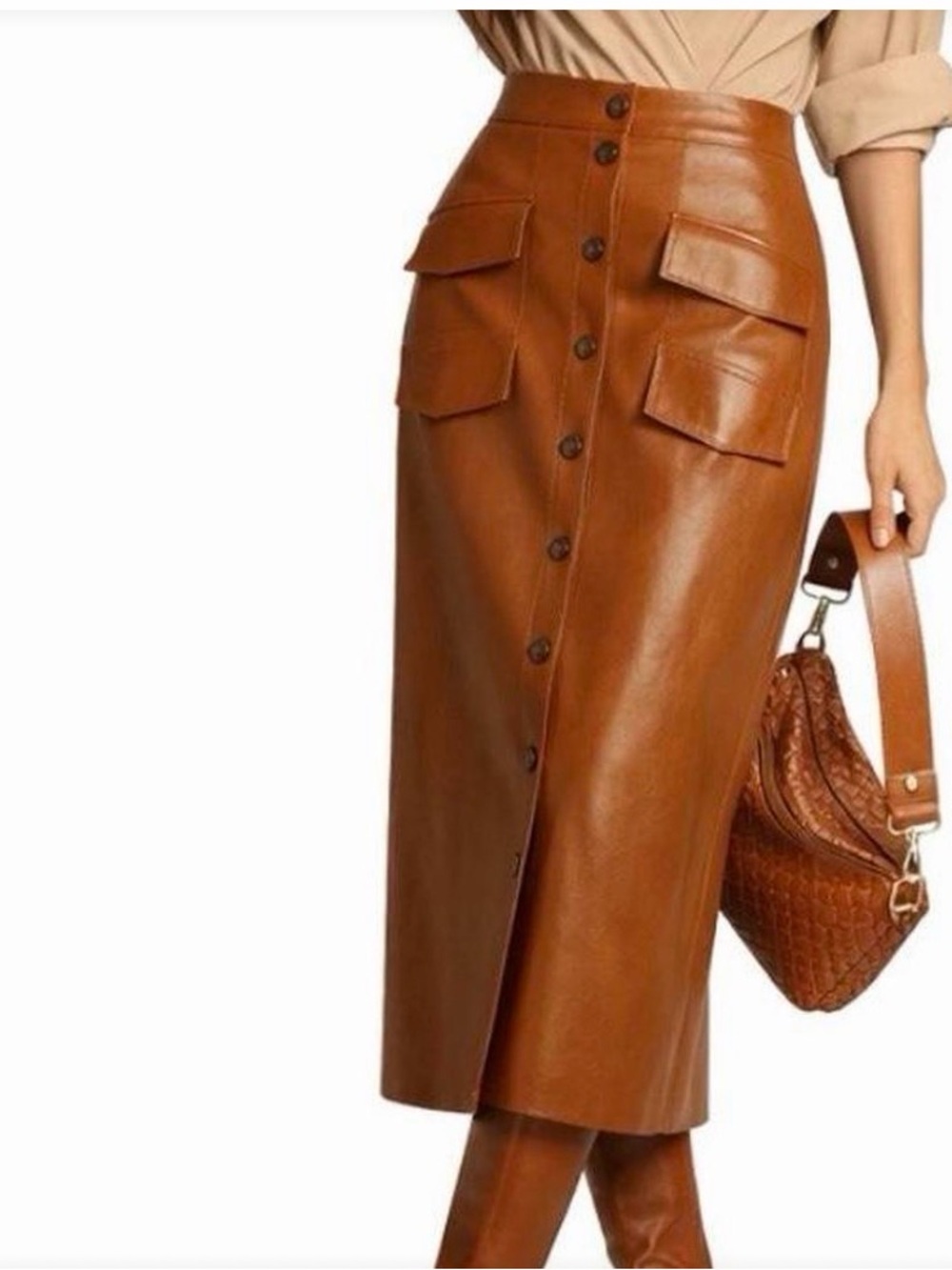 Anthropologie Mare Mare Cognac Leather Button-Front Midi Skirt nwt